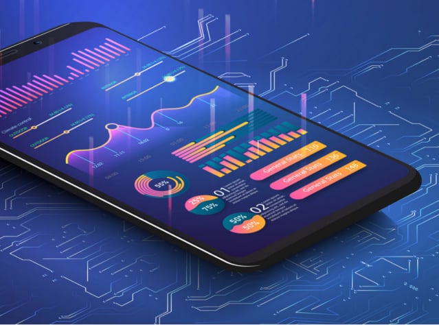 smartphone with graphs and charts on it