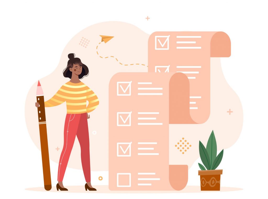 graphic of woman holding a pencil by a checklist to represent conducting an internal communications audit