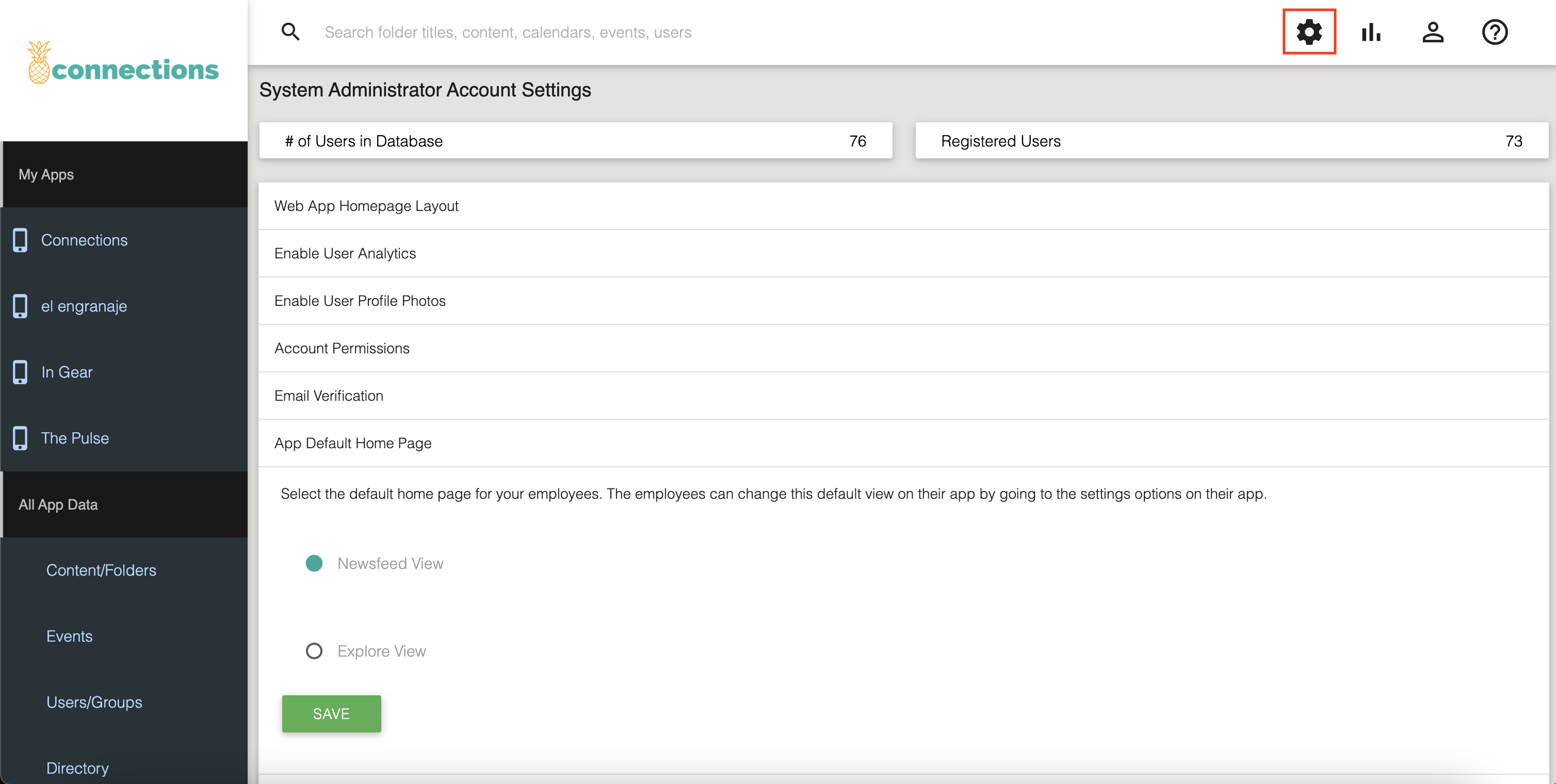 image of theEMPLOYEEapp CMS where you can update the default home page in settings