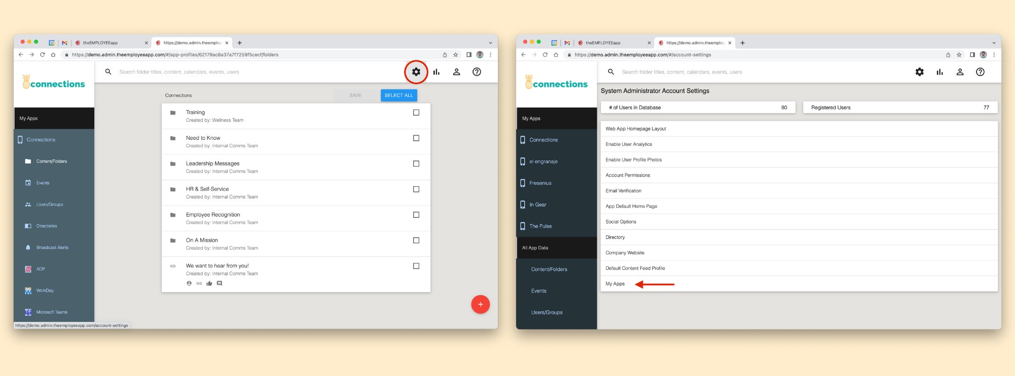 Screenshots showing the first three steps of creating My Apps in theEMPLOYEEapp's content management system (CMS)