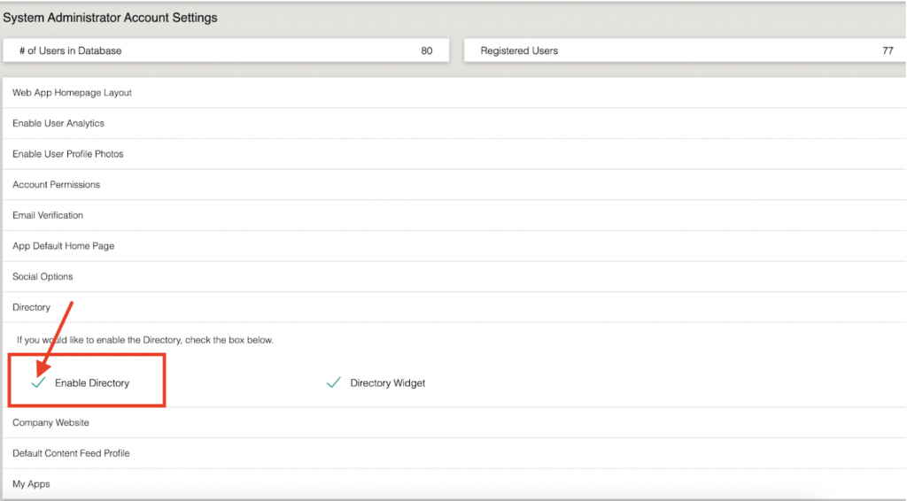 screenshot showing how to enable a directory in theEMPLOYEEapp