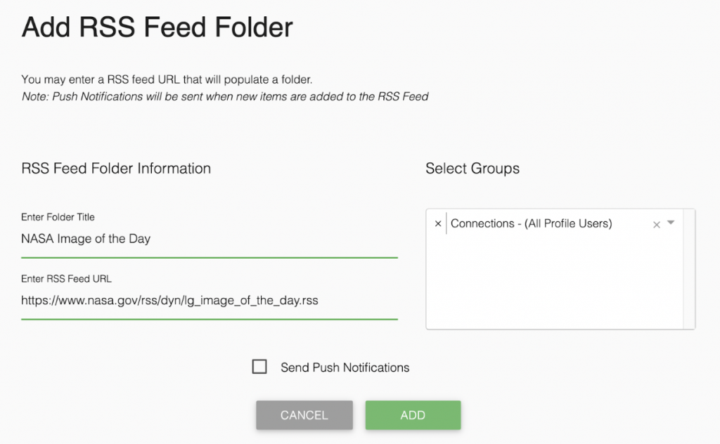 screenshot of adding a RSS Feed Folder in theEMPLOYEEapp CMS