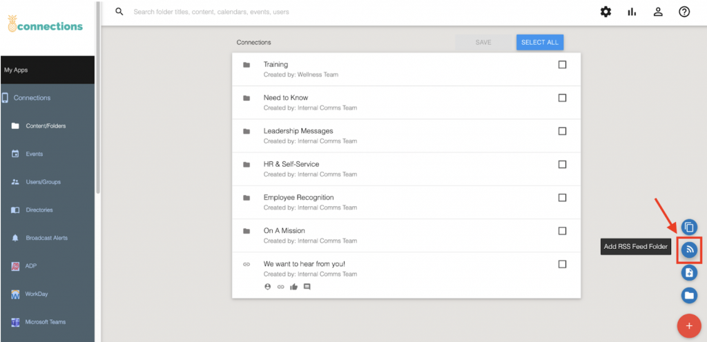 screenshot of adding an RSS feed in theEMPLOYEEapp's content management system